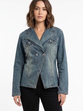 VEZUCCI Bedazzled Faded Denim Jean Jacket Embroidered Rhinestone Pocket Size XL